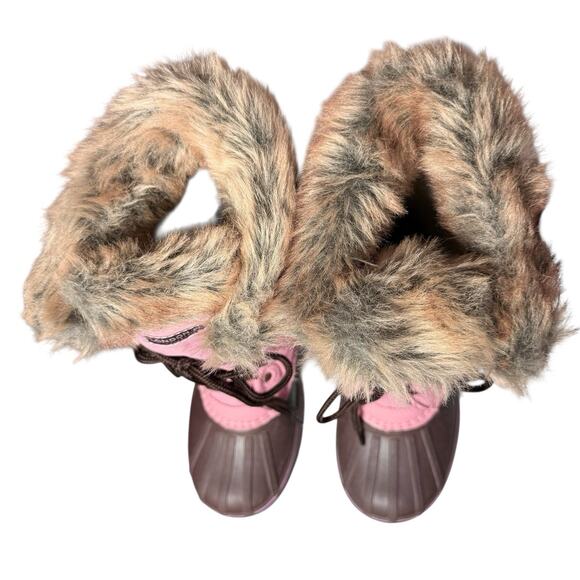 London Fog Girls Fulham Lace Up Snow Duck Boot Brown Pink Faux Fur Size 1 - Picture 7 of 9